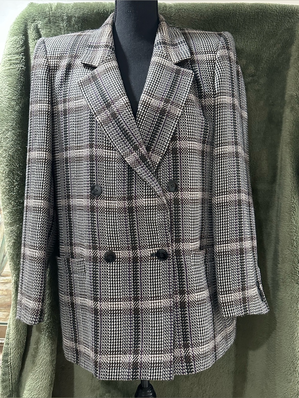 Gloria Vanderbilt Double-Breasted Plaid Blazer in Black, White & Brown